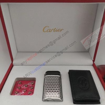 Upgraded Copy Cartier Silver grid- Carved Lighter For Set 